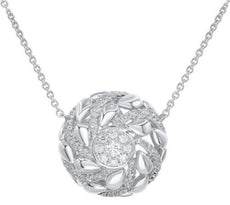 .37CT DIAMOND 14KT WHITE GOLD 3D PAVE MULTI LEAF FLOWER CIRCULAR LOVE NECKLACE