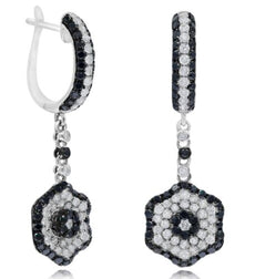 2.70CT WHITE & BLACK DIAMOND 18K WHITE GOLD 3D FLOWER LEVERBACK HANGING EARRINGS