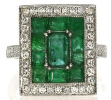 3.59CT DIAMOND & AAA EMERALD 18K WHITE GOLD SQUARE HALO RECTAGULAR FILIGREE RING