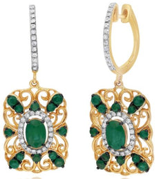 1.82CT DIAMOND & AAA EMERALD 14K YELLOW GOLD MULTI HEART SQUARE HANGING EARRINGS