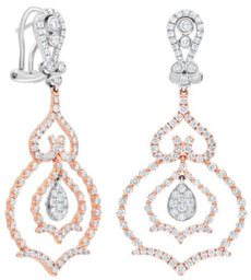 LARGE 4.10CT DIAMOND 18K WHITE & ROSE GOLD CLASSIC LOVE CLIP ON HANGING EARRINGS