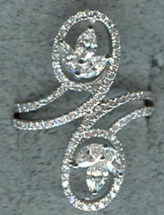 1.15CT DIAMOND 14KT WHITE GOLD 3D MARQUISE & ROUND FLORAL CRISS CROSS FUN RING