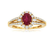 1.46CT DIAMOND & AAA RUBY 14KT YELLOW GOLD OVAL ROUND & BAGUETTE ENGAGEMENT RING