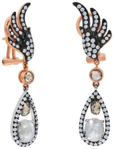 LARGE 3.77CT WHITE ICE & CHOCOLATE FANCY DIAMOND 18KT TRI COLOR GOLD 3D EARRINGS