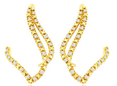 ESTATE .13CT DIAMOND 14K YELLOW GOLD 3D DOUBLE LEAF V SHAPE FUN HANGING EARRINGS