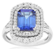 3.45CT DIAMOND & AAA TANZANITE 14K WHITE GOLD EMERALD CUT & ROUND ENGAGMENT RING