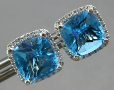 ESTATE 4.02CT DIAMOND & AAA BLUE TOPAZ 14KT WHITE GOLD SQUARE HALO STUD EARRINGS