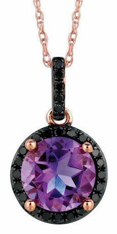 1.33CT BLACK DIAMOND & AAA AMETHYST 14K ROSE GOLD 3D ROUND HALO FLOATING PENDANT