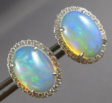 LARGE 7.23CT DIAMOND & AAA AUSTRALIAN OPAL 14KT WHITE GOLD 3D OVAL STUD EARRINGS