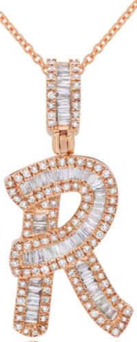 .69CT DIAMOND 14KT ROSE GOLD 3D ROUND & BAGUETTE R INITIAL FUN FLOATING PENDANT