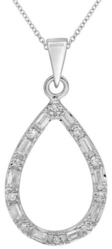 .18CT DIAMOND 14K WHITE GOLD 3D ROUND & BAGUETTE OPEN TEAR DROP FLOATING PENDANT