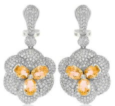 LARGE 5.02CT DIAMOND & AAA CITRINE 14K WHITE GOLD OVAL & ROUND HANGING EARRINGS