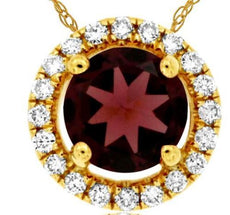 .73CT DIAMOND & AAA RHODOLITE 14K YELLOW GOLD ROUND HALO FLOWER FLOATING PENDANT