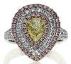 LARGE 1.47CT WHITE PINK FANCY YELLOW DIAMOND 18KT TRI COLOR GOLD PEAR SHAPE RING