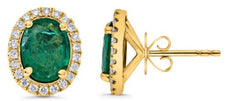 3.76CT DIAMOND & AAA EMERALD 18KT YELLOW GOLD OVAL & ROUND FLOWER STUD EARRINGS