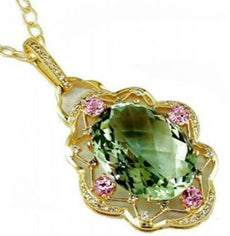 18.12CT DIAMOND & AAA GREEN AMETHYST & AAA PINK TOPAZ 14KT YELLOW GOLD PENDANT