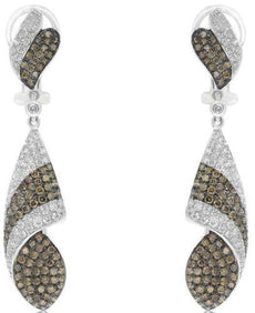 LARGE 3.30CT WHITE & CHOCOLATE FANCY DIAMOND 18KT WHITE GOLD 3D HANGING EARRINGS
