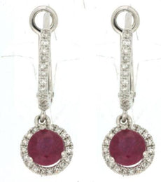 1.04CT DIAMOND & AAA RUBY 14KT WHITE GOLD ROUND HALO LEVERBACK HANGING EARRINGS