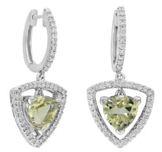 2.96CT DIAMOND & AAA LEMON QUARTZ 14K WHITE GOLD 3D HALO HUGGIE HANGING EARRINGS