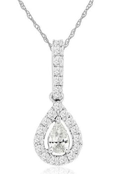 .32CT DIAMOND 14KT WHITE GOLD ROUND & PEAR SHAPE TEAR DROP HALO FLOATING PENDANT