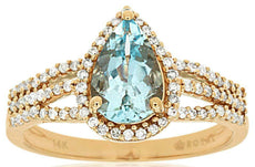1.40CT DIAMOND & AAA AQUAMARINE 14K ROSE GOLD PEAR SHAPE & ROUND ENGAGEMENT RING