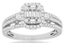 .70CT DIAMOND 14KT WHITE GOLD ROUND & BAGUETTE CLUSTER OCTAGON ANNIVERSARY RING
