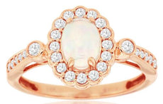 0.84CT DIAMOND & AAA OPAL 14KT ROSE GOLD OVAL & ROUND SEMI BEZEL FLOWER LOVE RING