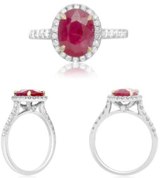 2.95CT DIAMOND & AAA RUBY 18K 2 TONE GOLD 3D OVAL & ROUND CLASSIC ENGAGMENT RING
