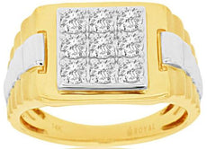 1.0CT DIAMOND 14KT WHITE & YELLOW GOLD 3D ROUND CLUSTER SQUARE JUBILE MENS RING