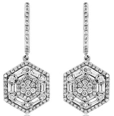 1.02CT DIAMOND 14K WHITE GOLD ROUND & BAGUETTE FLOWER LEVERBACK HANGING EARRINGS