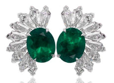LARGE 7.68CT DIAMOND & AAA EMERALD 18KT WHITE GOLD 3D CLIP ON HANGING EARRINGS