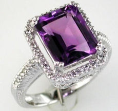 4.45CT DIAMOND & AAA AMETHYST 14KT WHITE GOLD EMERALD CUT & ROUND HEXAGON RING