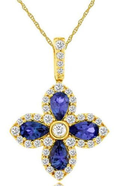 1.25CT DIAMOND & AAA TANZANITE 14K YELLOW GOLD PEAR SHAPE & ROUND FLOWER PENDANT