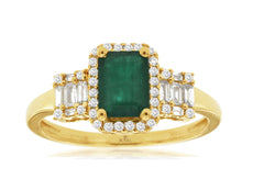 1.26CT DIAMOND & AAA EMERALD 14K YELLOW GOLD 3D ROUND & BAGUETTE ENGAGEMENT RING