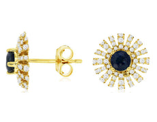 1.15CT DIAMOND & AAA SAPPHIRE 14KT YELLOW GOLD 3D FLOWER STARBURST STUD EARRINGS