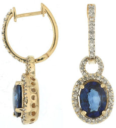 3.28CT DIAMOND & AAA SAPPHIRE 14K YELLOW GOLD OVAL & ROUND HALO HANGING EARRINGS