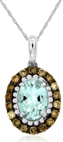 .99CT WHITE & MOCHA DIAMOND & AAA AQUAMARINE 14KT WHITE GOLD DOUBLE HALO PENDANT