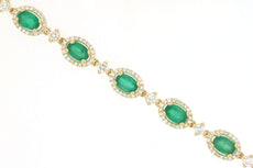 4.18CT DIAMOND & AAA EMERALD 14KT YELLOW GOLD OVAL & ROUND HALO TENNIS BRACELET