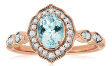 .89CT DIAMOND & AAA AQUAMARINE 14KT ROSE GOLD OVAL & ROUND HALO LEAF LOVE RING