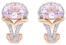 2.97CT DIAMOND & AAA PINK AMETHYST 14KT ROSE GOLD OVAL & ROUND CLIP ON EARRINGS