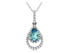 .46CT DIAMOND & AAA AQUAMARINE 14KT WHITE GOLD 3D TEAR DROP FUN FLOATING PENDANT