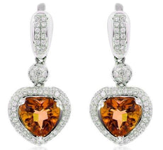 2.70CT DIAMOND & AAA CITRINE 14K WHITE GOLD 3D HEART SHAPE & ROUND LOVE EARRINGS
