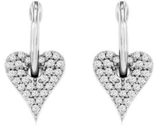 ESTATE .23CT DIAMOND 14KT WHITE GOLD 3D PAVE HEART SHAPE HUGGIE HANGING EARRINGS