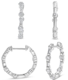 .90CT DIAMOND 14K WHITE GOLD 3D ROUND & BAGUETTE INSIDE OUT HOOP HUGGIE EARRINGS