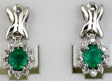 1.02CT DIAMOND & AAA EMERALD 14K WHITE GOLD OVAL & ROUND FLOWER HANGING EARRINGS