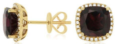 5.71CT DIAMOND & AAA GARNET 14KT YELLOW GOLD CUSHION HALO SQUARE STUD EARRINGS