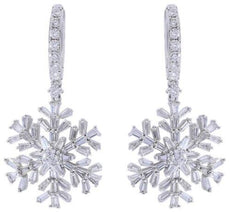 2.41CT DIAMOND 14KT WHITE GOLD 3D ROUND & BAGUETTE SNOWFLAKE HANGING EARRINGS