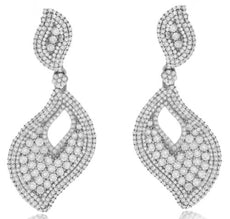 2.91CT DIAMOND 14K WHITE GOLD 3D CLASSIC DOUBLE LEAF FLOWER FUN HANGING EARRINGS