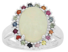3.40CT AAA SAPPHIRE & OPAL 14KT WHITE GOLD OVAL & ROUND FLOWER RAINBOW FUN RING