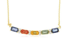 1.93CT DIAMOND & AAA MULTI SAPPHIRE 14KT YELLOW GOLD ROUND & BAGUETTE NECKLACE